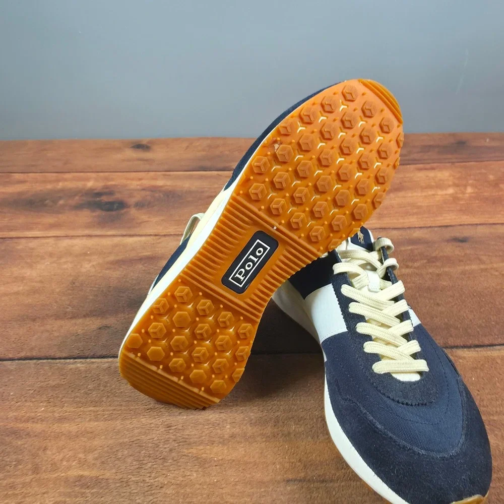Polo Ralph Lauren Train 85 Sneakers Mens Navy Cream Size 11 Suede Canvas Low Top